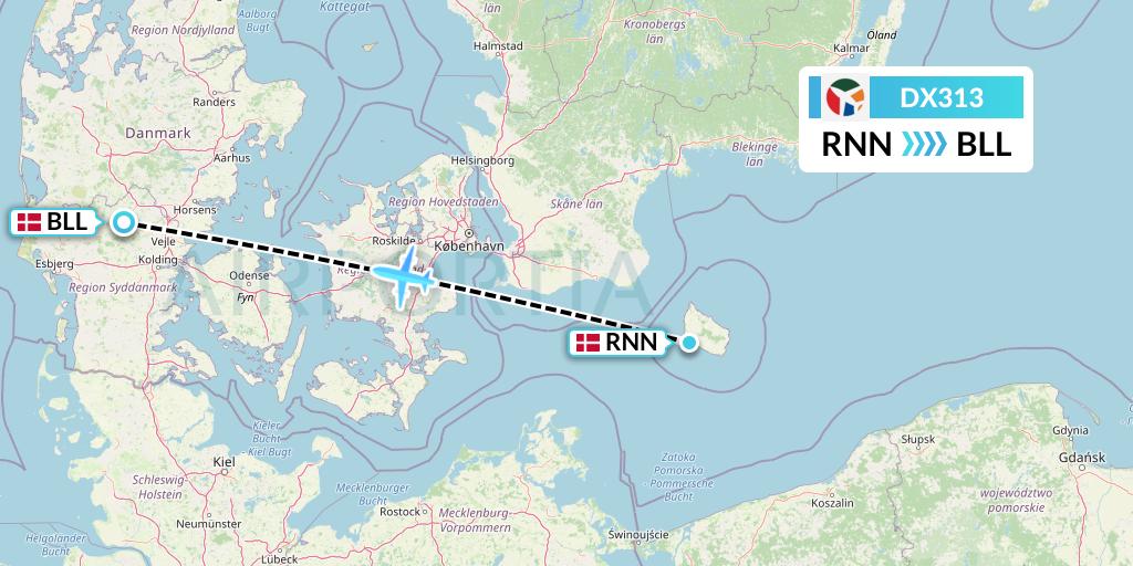 DX313 Danish Air Transport Flight Map: Ronne to Billund