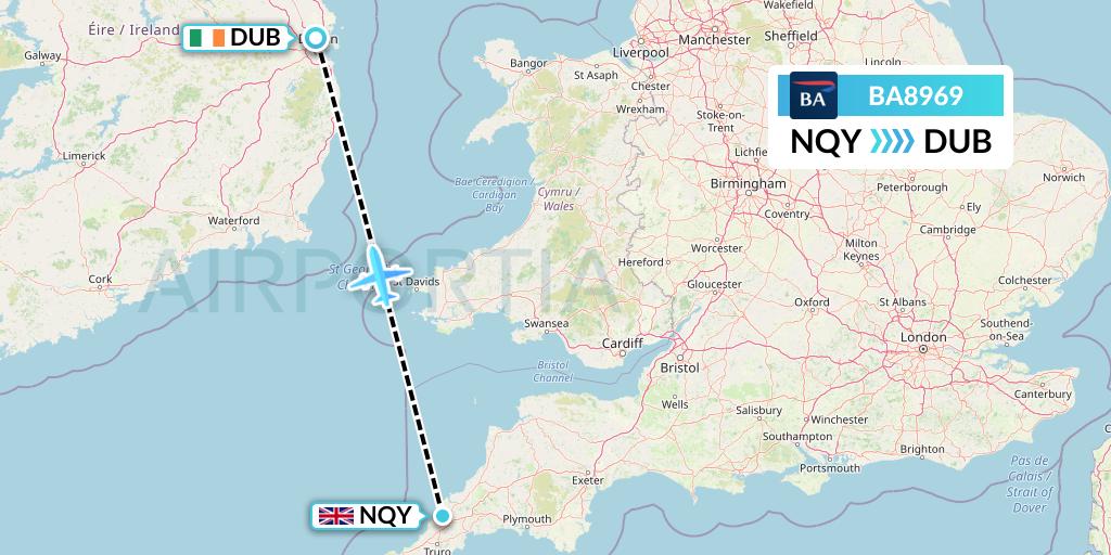 BA8969 British Airways Flight Map: Newquay to Dublin