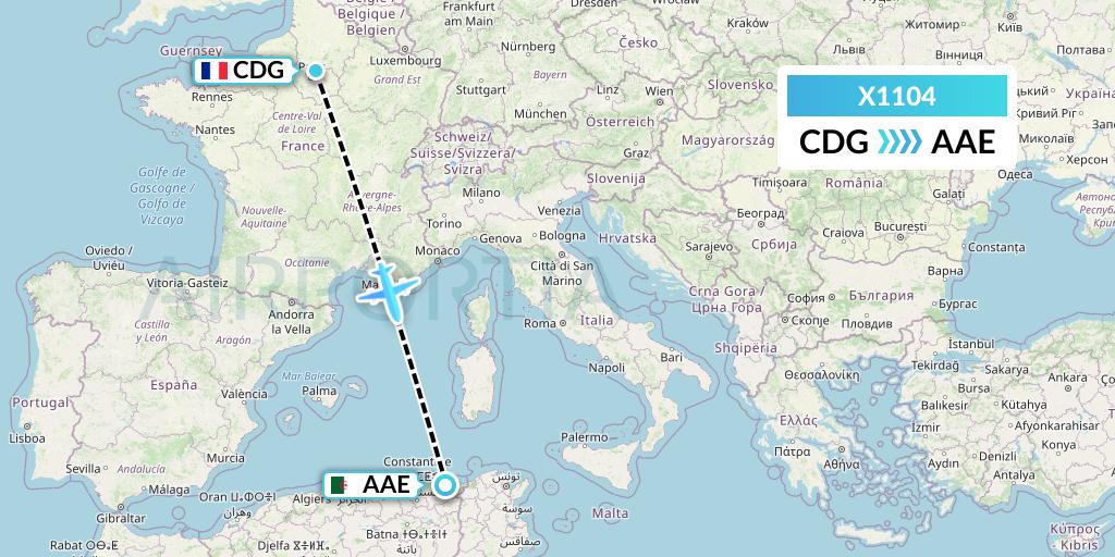 X1104 Nik Airways Flight Map: Paris to Annaba