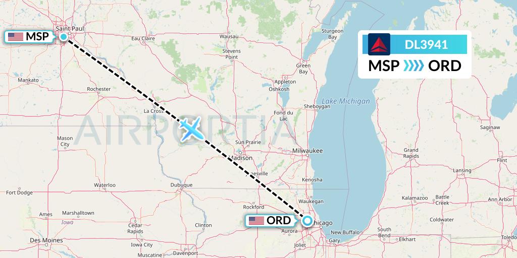 DL3941 Delta Air Lines Flight Map: Minneapolis to Chicago