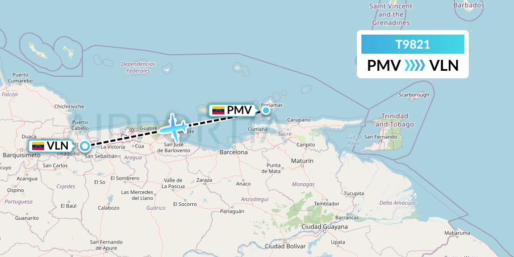 T9821 Turpial Airlines Flight Map: Porlamar to Valencia