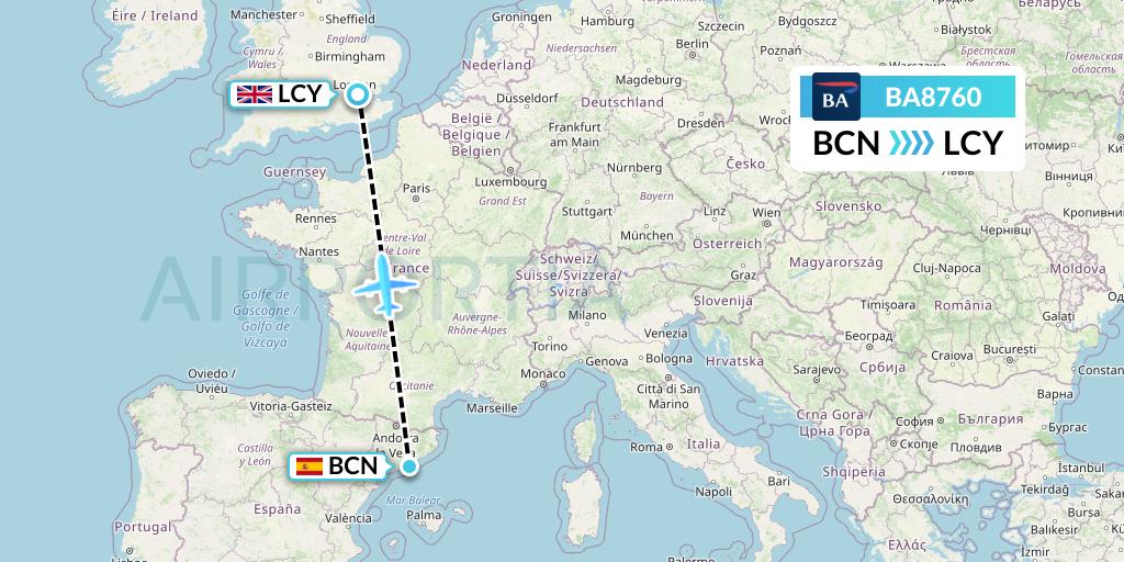 BA8760 British Airways Flight Map: Barcelona to London