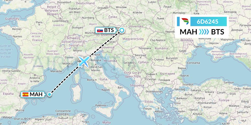 6D6245 Travel Service Slovakia Flight Map: Mahon to Bratislava