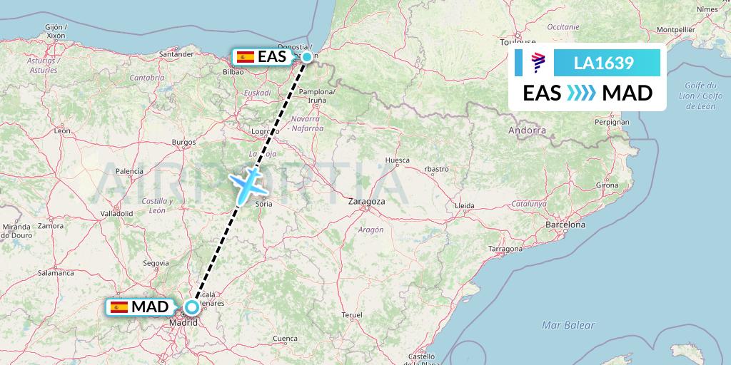 LA1639 LAN Airlines Flight Map: San Sebastian to Madrid