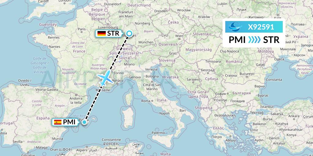 X92591 Avion Express Flight Map: Palma de Mallorca to Stuttgart