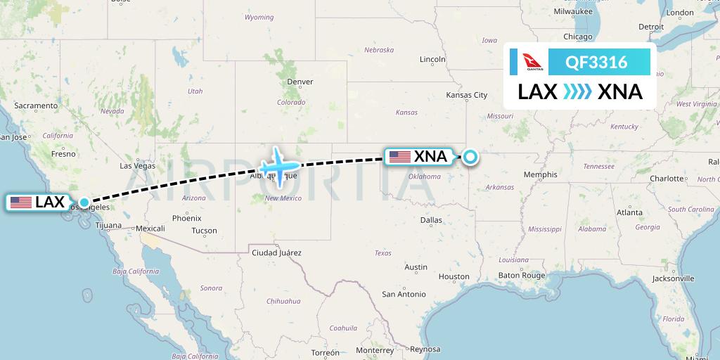 QF3316 Qantas Flight Map: Los Angeles to Bentonville
