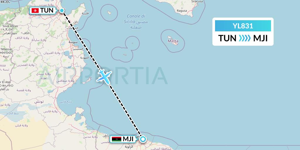 YL831 Libyan Wings Flight Map: Tunis to Tripoli