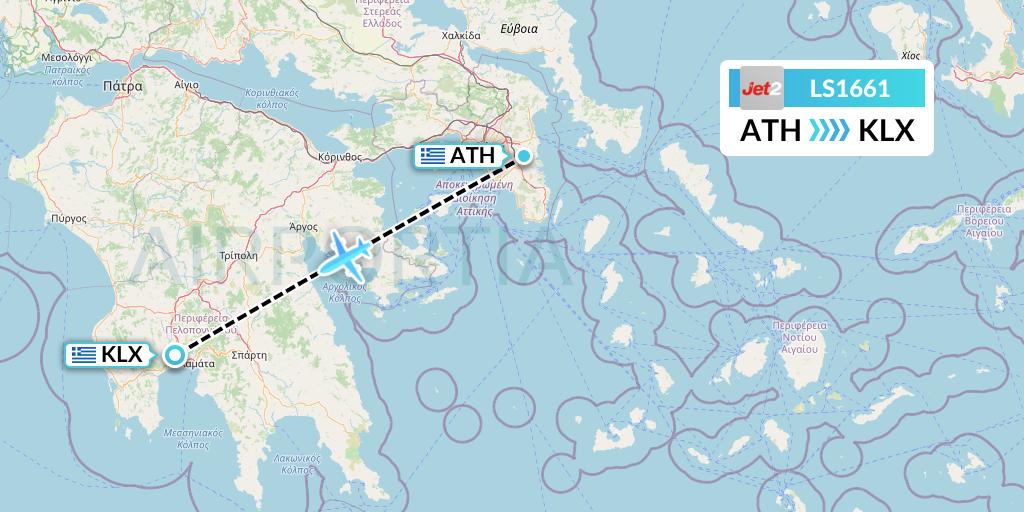 LS1661 Jet2 Flight Map: Athens to Kalamata