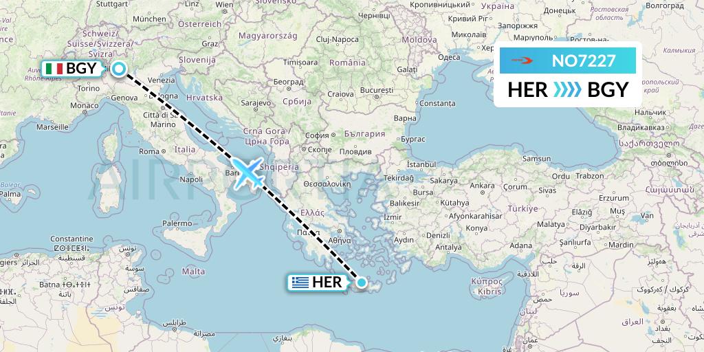 NO7227 Neos Flight Map: Heraklion to Milan
