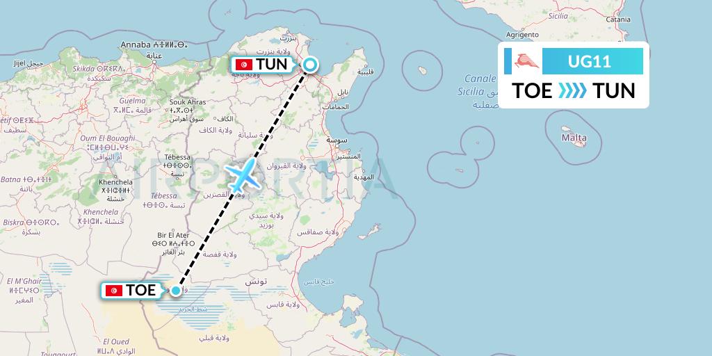 UG11 Tunisair Express Flight Map: Tozeur to Tunis