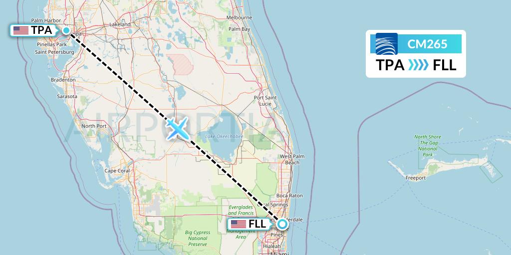 CM265 Copa Airlines Flight Map: Tampa to Fort Lauderdale