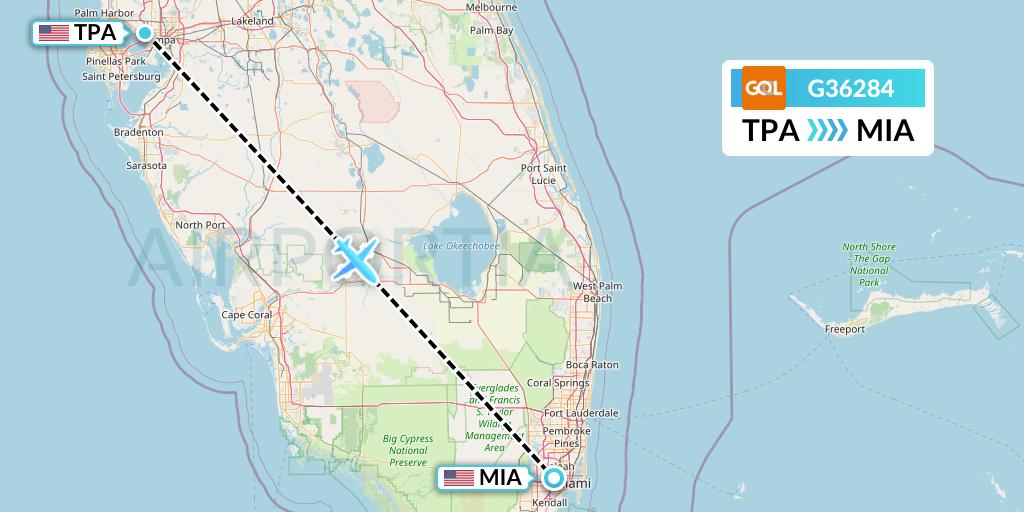 G36284 GOL Transportes Aeros Flight Map: Tampa to Miami