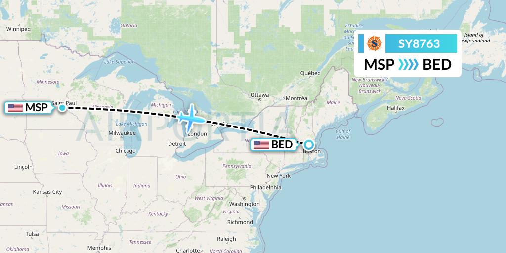 SY8763 Sun Country Airlines Flight Map: Minneapolis to Bedford