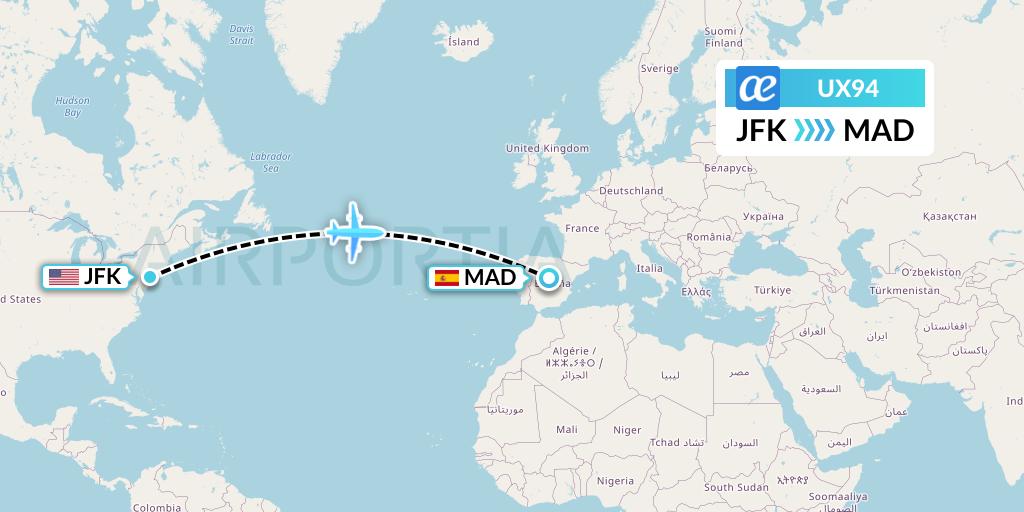 UX94 Air Europa Flight Map: New York to Madrid