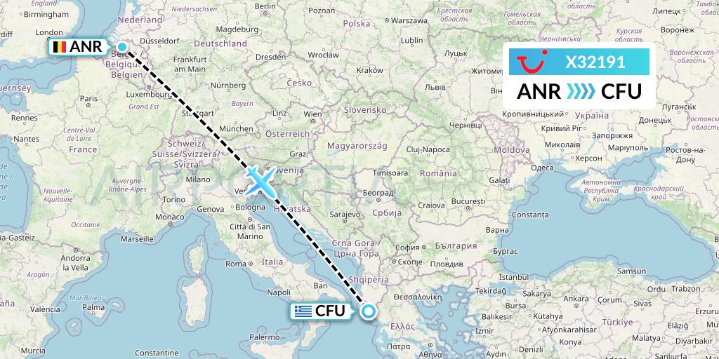 X32191 TUI fly Germany Flight Map: Antwerp to Corfu