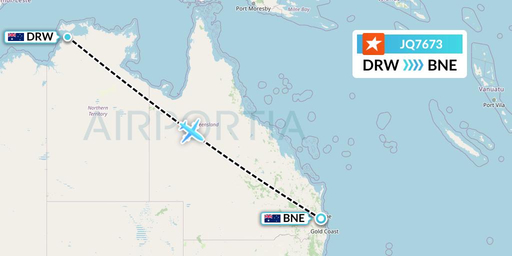 JQ7673 Jetstar Airways Flight Map: Darwin to Brisbane