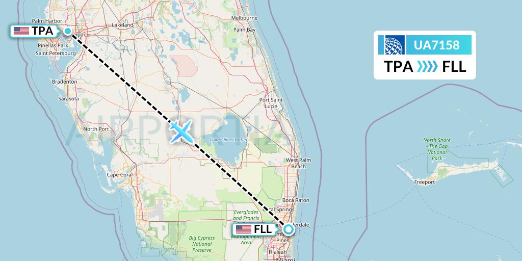 UA7158 United Airlines Flight Map: Tampa to Fort Lauderdale