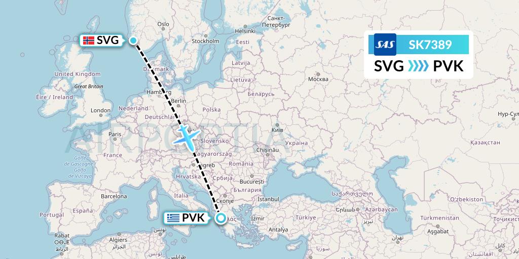 SK7389 SAS Flight Map: Stavanger to Preveza