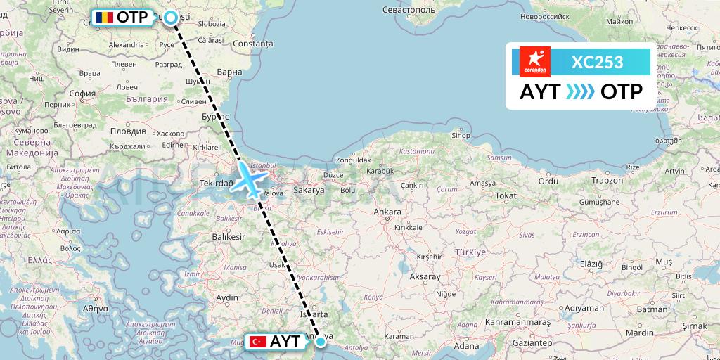 XC253 Corendon Airlines Flight Map: Antalya to Bucharest