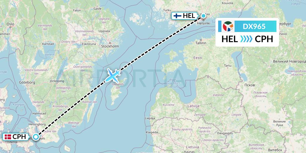 DX965 Danish Air Transport Flight Map: Helsinki to Copenhagen