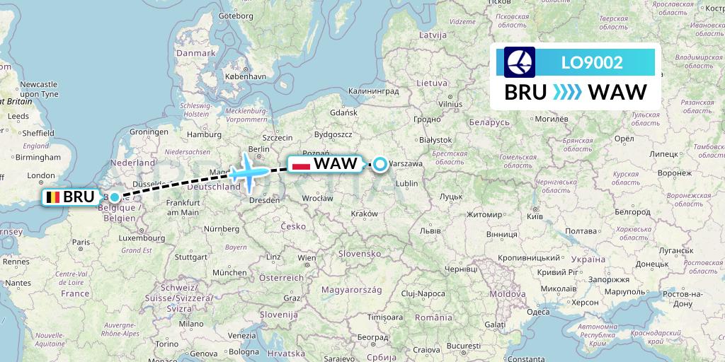 LO9002 LOT Flight Map: Brussels to Warsaw