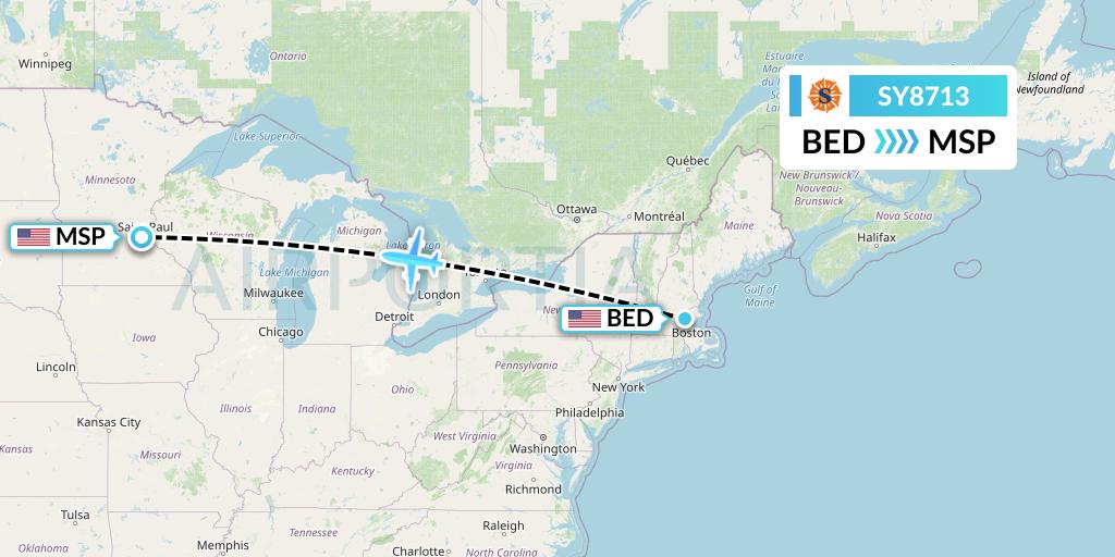 SY8713 Sun Country Airlines Flight Map: Bedford to Minneapolis