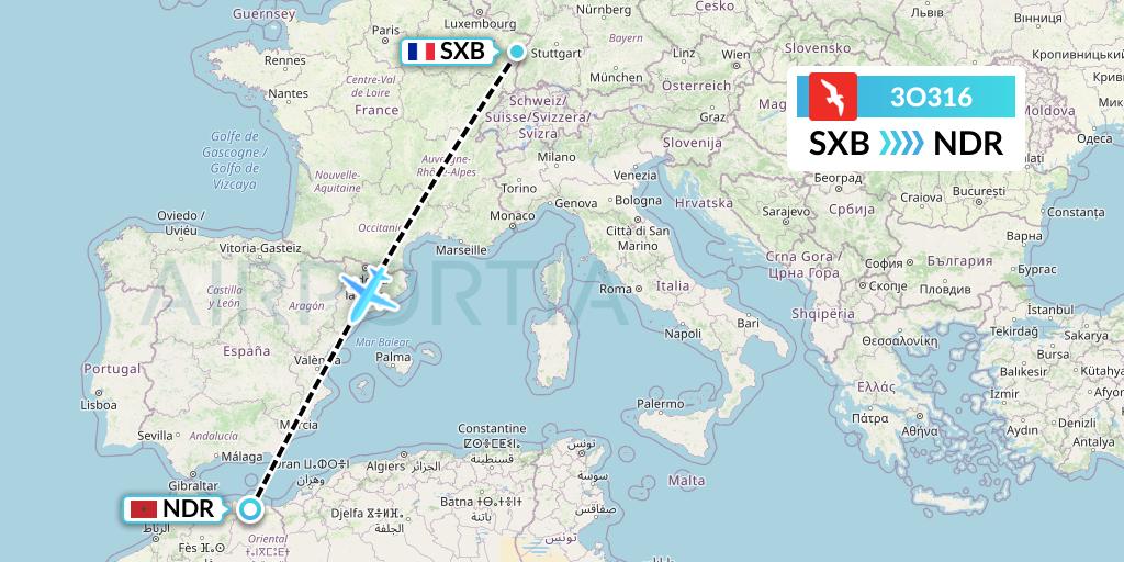 3O316 Air Arabia Maroc Flight Map: Strasbourg to Nador