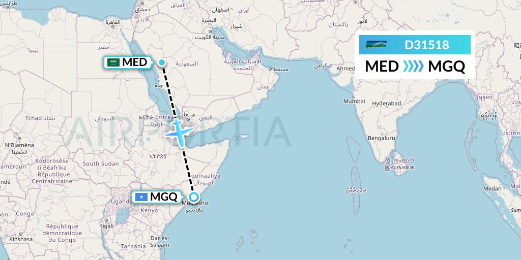 D31518 Daallo Airlines Flight Map: Medina to Mogadishu