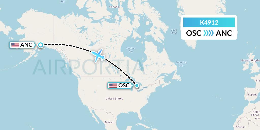 K4912 Kalitta Air Flight Map: Oscoda to Anchorage