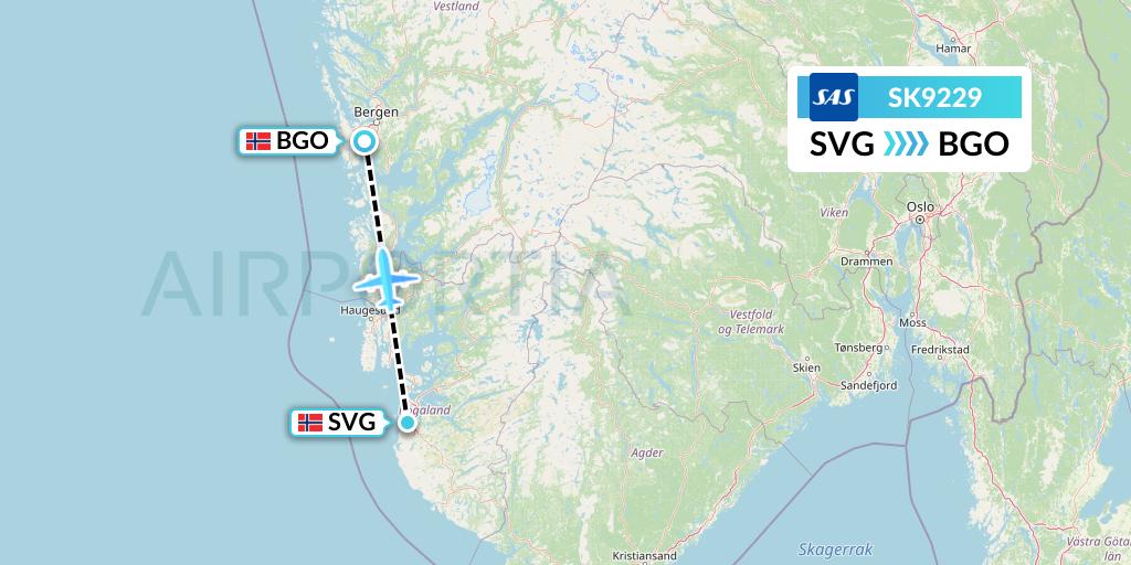 SK9229 SAS Flight Map: Stavanger to Bergen
