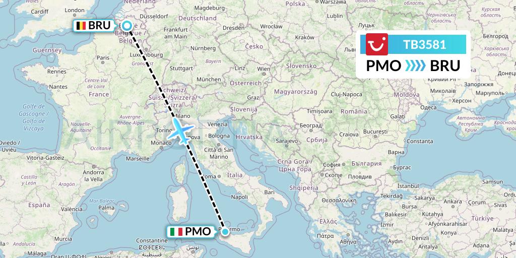 TB3581 TUI fly Belgium Flight Map: Palermo to Brussels