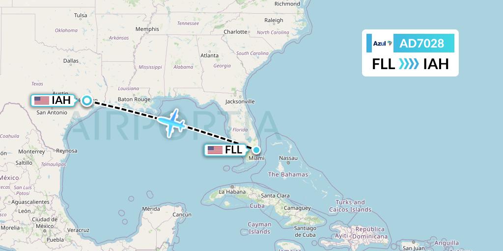 AD7028 Azul Brazilian Airlines Flight Map: Fort Lauderdale to Houston