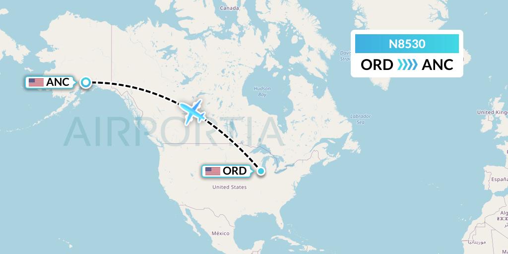 N8530 National Airlines Flight Map: Chicago to Anchorage