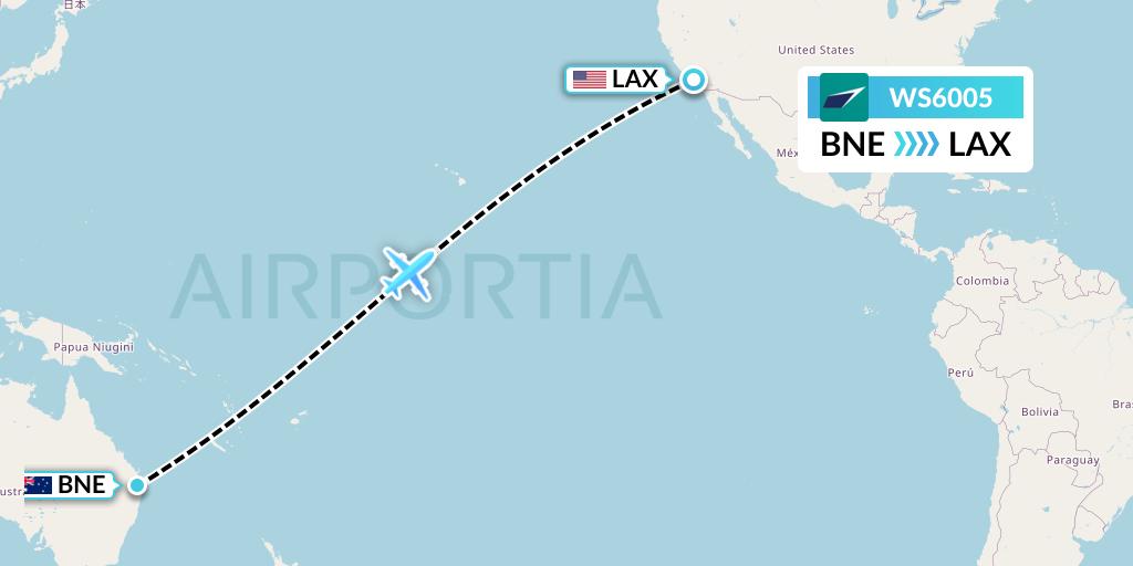 WS6005 WestJet Flight Map: Brisbane to Los Angeles