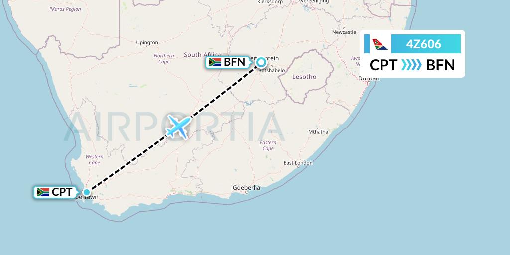 4Z606 Airlink Flight Map: Cape Town to Bloemfontein