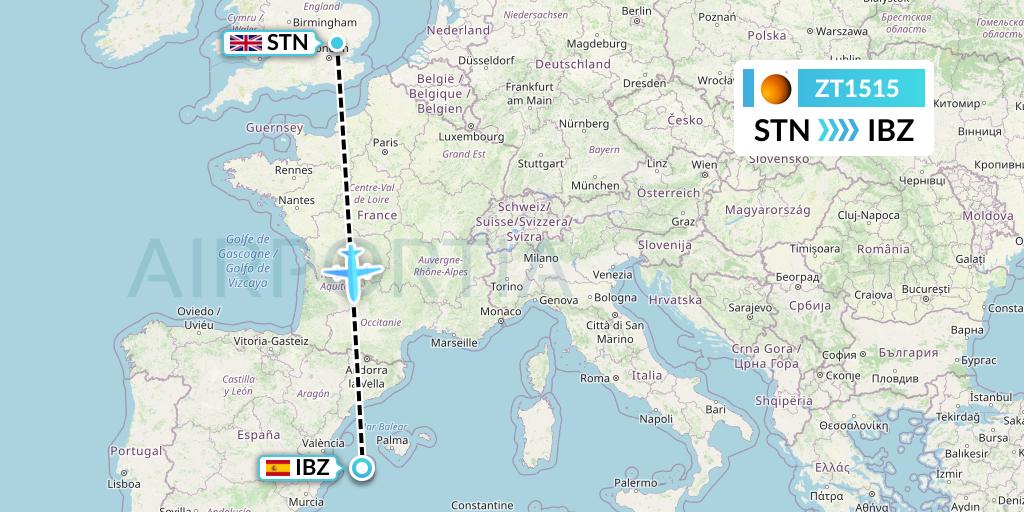 ZT1515 Titan Airways Flight Map: London to Ibiza