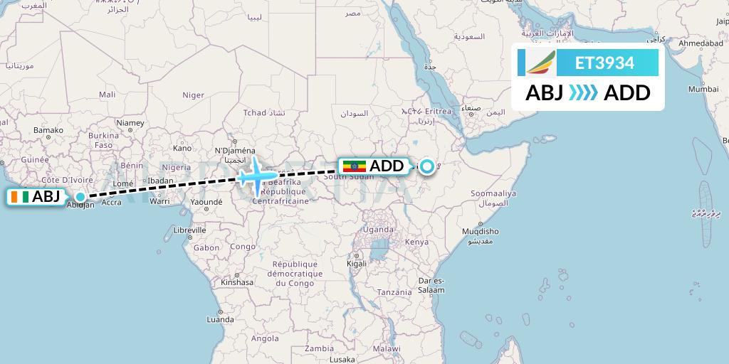 ET3934 Ethiopian Airlines Flight Map: Abidjan to Addis Ababa