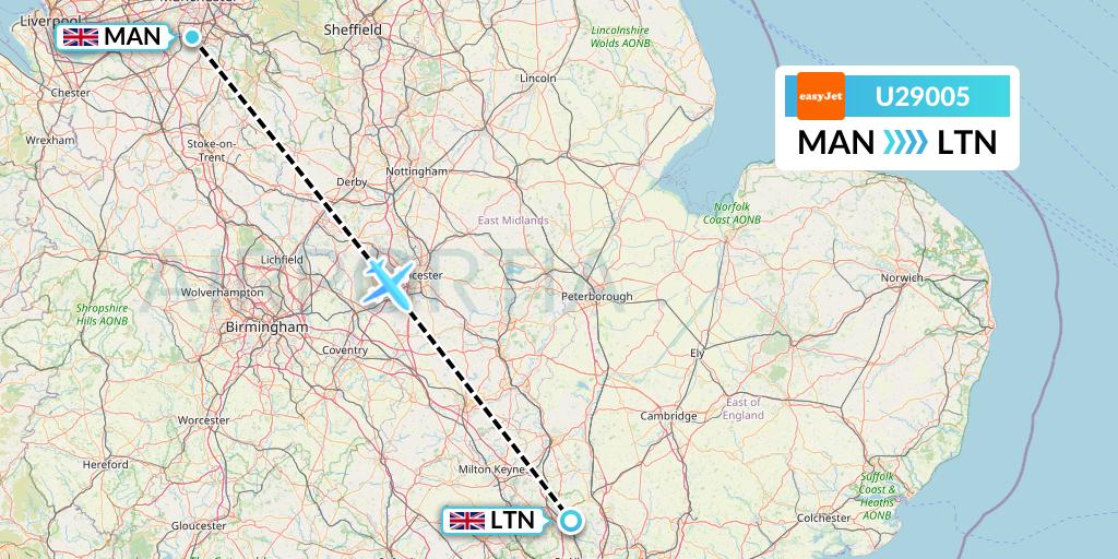 U29005 EasyJet Flight Map: Manchester to London
