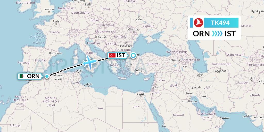 TK494 Turkish Airlines Flight Map: Oran to Istanbul