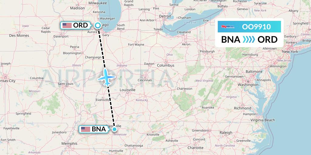OO9910 SkyWest Airlines Flight Map: Nashville to Chicago