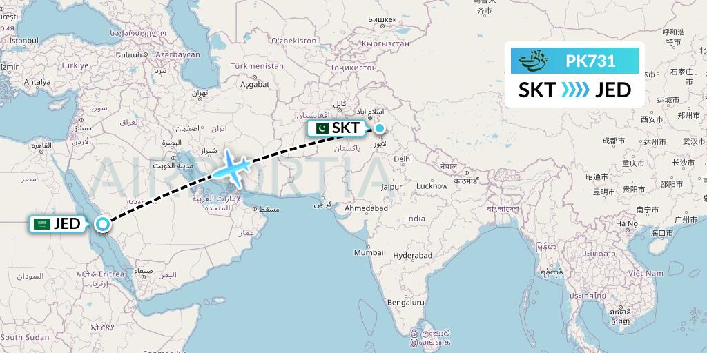 PK731 Pakistan International Airlines Flight Map: Sialkot to Jeddah