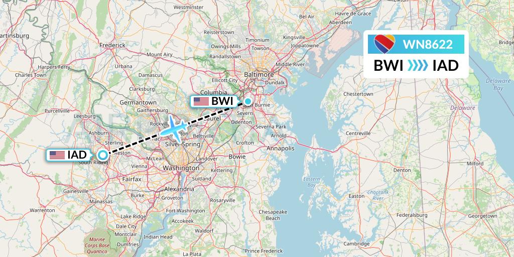 WN8622 Southwest Airlines Flight Map: Baltimore to Washington