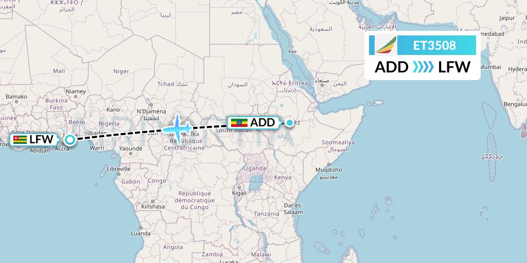ET3508 Ethiopian Airlines Flight Map: Addis Ababa to Lome