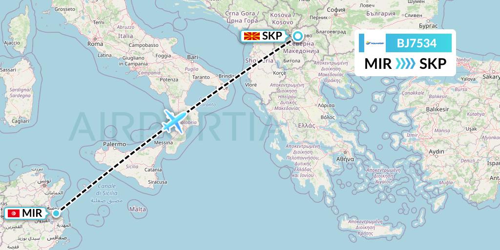 BJ7534 Nouvelair Tunisie Flight Map: Monastir to Skopje