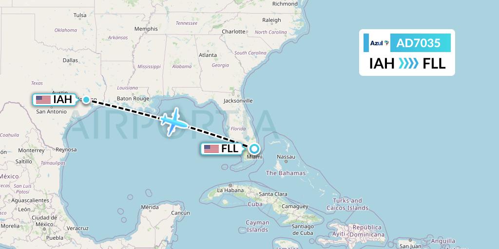AD7035 Azul Brazilian Airlines Flight Map: Houston to Fort Lauderdale