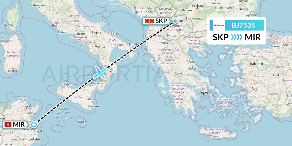 BJ7535 Nouvelair Tunisie Flight Map: Skopje to Monastir