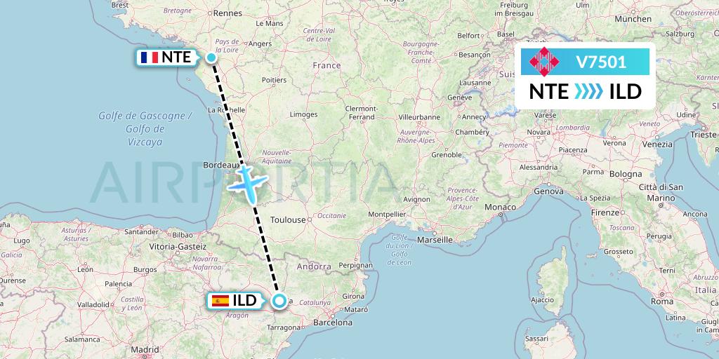 V7501 Volotea Flight Map: Nantes to Lleida
