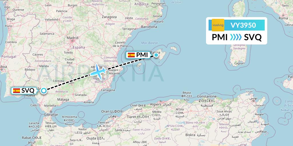 VY3950 Vueling Flight Map: Palma de Mallorca to Seville