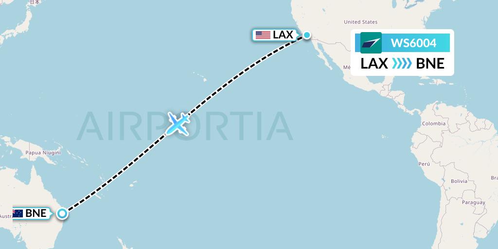 WS6004 WestJet Flight Map: Los Angeles to Brisbane