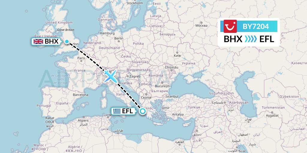 BY7204 TUI Airways Flight Map: Birmingham to Kefalonia